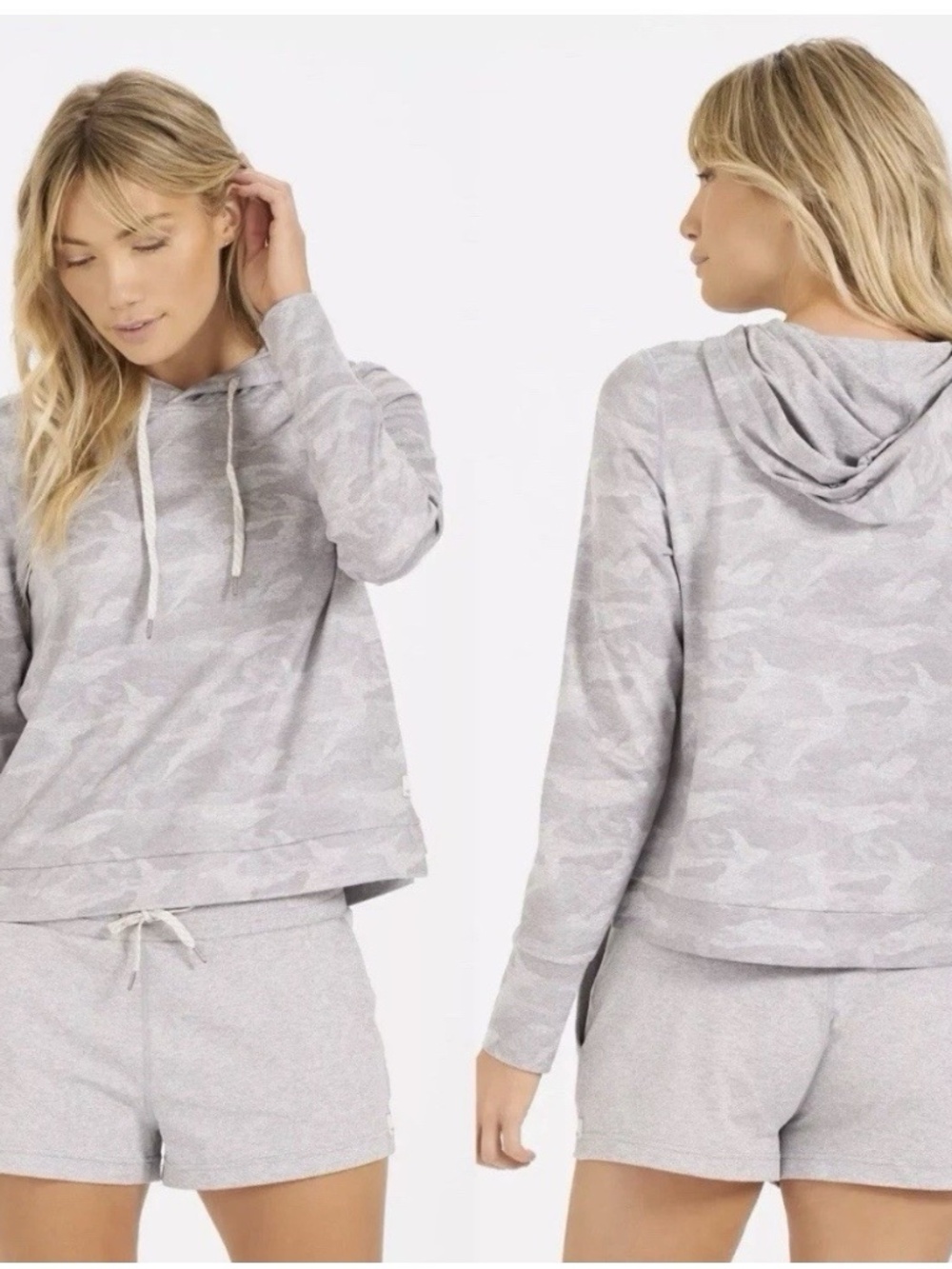 Vuori Women Size M Halo Essential DreamKnit Hoodie Light Gray Camo Cropped VW226